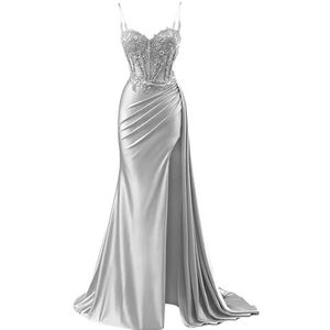 KURFACE Satijnen galajurken voor dames met split kant applicatie spaghettibandjes beroemdheden optocht jurk formele jurk, Zilver, 32
