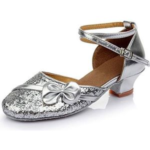 JUODVMP Meisjes Glitter Latina Salsa Gesloten Teen Dansschoenen Kinderen 3,5 cm Lage Hakken Model WZSP607, Zilver 3,5 cm, 24 EU