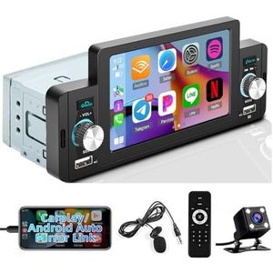 Hikity 1 DIN autoradio met CarPlay Android autoradio met 5 inch scherm touchscreen stereo auto met Bluetooth handsfree FM USB/AUX achteruitrijcamera & afstandsbediening