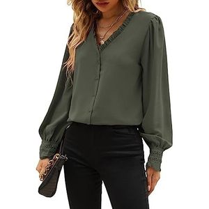 dames topjes Frill Trim Button Up Lantern Sleeve Blouse (Color : Army Green, Size : L)