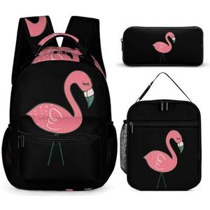 Roze Flamingo Print Rugzak Reizen Laptop Rugzak Met Lunch Tas En Potlood Tas