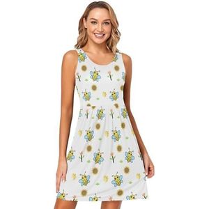 LI ZHI XIN Vrouwen Zomer Jurken Ronde Hals Casual A-lijn Mouwloos Vest Jurken met Zakken Bijen Bloem Cartoon Patroon, Meerkleurig, S