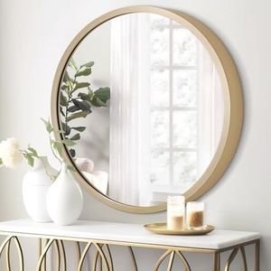 JJUUYOU Metalen ronde spiegel geborsteld frame wandspiegel metalen ingelijst HD glazen wandspiegel voor make-up badkamer woonkamer, brons