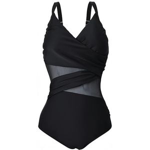 Ocean Plus Dames Figuurvormend Netachtig Asymmetrisch Badpak Effen Kleuren Mesh Hooggesloten Netstof Een Stuk Badmode Grote Maten (XXL (EU 42-44), Drager zwart)