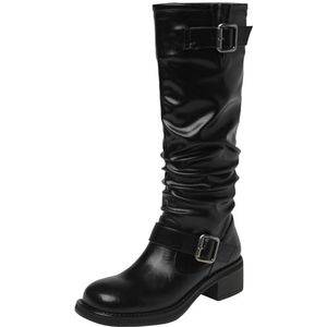 Mo Joc Dames mode rundleer slouch laarzen / kniehoge laarzen met ronde neus en dikke hakken, zwart, 35 EU