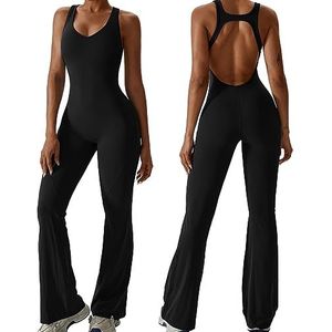 Vrouwen Flare Jumpsuits Sexy Mouwloze U-hals Casual Yoga Tank Workout Rompertjes(E,X-Large)