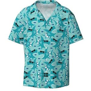 YJxoZH Haai met zonneglas print heren overhemden casual button down korte mouw zomer strand shirt vakantie shirts, Zwart, XXL