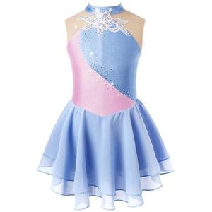 UMDGJRBW Gymnastiekpak voor meisjes, mouwloos patchwork, glanzend, bloemen, roller, kunstschaatsen, jurk, ballet, kleding, dansen, dragen (grijs-blauw B, 14)