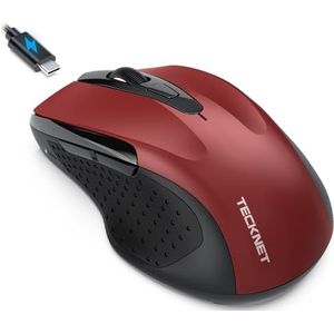 TECKNET Bluetooth Muis met Jiggler, Oplaadbare Draadloze Muis (DRIE Modi: BT 5.0/3.0 + 2.4G), 4800 DPI, Ergonomische Stille Draadloze Muis voor Laptops, Mac OS, Android, Windows, Rood