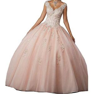Carnivalprom Dames V-hals Quinceanera jurken met kant avondjurken lange bruiloftsjurk elegante baljurk, roze, 46
