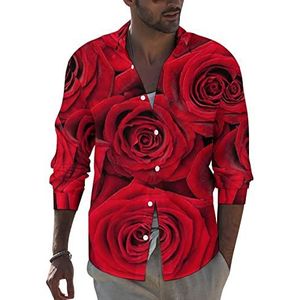 Mooie rode rozen heren revers shirt met lange mouwen button down print blouse zomer zak T-shirts tops XL