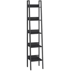 VASAGLE boekenkast, ladderplank 5 niveaus, smalle plank, open staande plank voor studie, woonkamer, slaapkamer, keuken, industrieel design, zwart met houtnerf LLS109B56