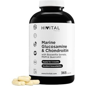 Glucosamine en Chondroïtine. 365 capsules voor 4 maanden behandeling. Met 1500 mg Marine Glucosamine 2KCL, Marine Chondroïtine, MSM, Boswellia Serrata en Quercetine. Door HIVITAL