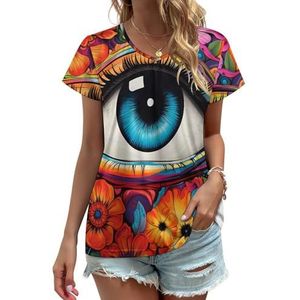 Trippy Eye Flowers Dames V-hals T-shirts Leuke Grafische Korte Mouw Casual Tee Tops 4XL