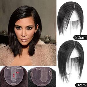 Zijden Base U-Parting Parting Topper Clip In Rechte Wiglet Menselijk Haar Kroon Vervanging Stuk Wispy Fringe-22cm Zwart