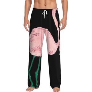 MBCbjg Handgeschilderde flamingo vogel print heren broek pyjama broek, zachte slaap broek met zakken, lichtgewicht loungewear pyjama voor comfortabele slaap en lounge, Wit, S