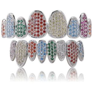 Regenboog Multi Color Grillz Tanden, Zilverkleurige Onderkant CZ Bling Clown, voor Cubic Zirconia Ondertanden Hip Hop Grills(Multicolor 1)