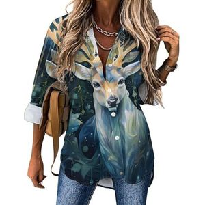 Schilderij Fariy Elk Deer Womens Blouses Hawaiiaanse Button Down Womens Tops Lange Mouw Shirts Tees S