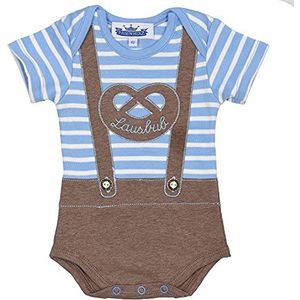 P.Eisenherz Baby body met korte mouwen in lederhose look met Brezel en Lausbub belettering (bruin/blauw), blauw, 80 cm
