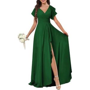 Chiffon galajurken met spleetplooien, bruidsmeisjesjurken voor bruiloft, cocktailjurk, grote maten, Emerald Groen, 32