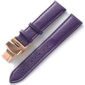 Jeniko Leren Band Litchi Graanleer Vlindergesp 14 16 18 20 22 Mm Band Zwart Bruin Blauw Horlogeaccessoires (Color : Purple rose, Size : 19mm)