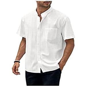 Linnen Overhemd Henley-casual Overhemd Met Korte Mouwen For Heren Casual Lichtgewicht Overhemden Lichtgewicht Zomershirt For Op Het Strand(Color:Blanc,Size:XXXL)