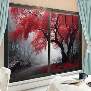 Natuur rood bos raamfolie, zonnewerend, mooie bergboom, huis, raamfolie, geen lijm, glas hechtende bedekkingen voor thuis, decoratief, 80 x 120 cm x 2 stuks