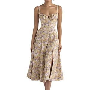 Print Bustier Zonnejurk, 2023 Trendy Maxi Jurk Zonder Rug Voor Dames Met Uitsnijding, Mouwloze Split Met Spaghettibandjes Dames Lange Jurken Casual (S,Purple)