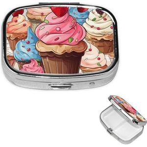 Cupcakes en ijs pillendoosje 2 compartimenten vierkant draagbaar pillendoosje voor zak of portemonnee kleine wekelijkse medicijnplanner reizen pillendoos met spiegel decoratieve metalen vitaminehouder