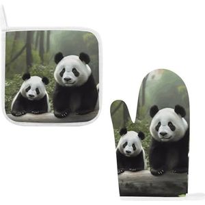 Leuke panda-ovenwanten en pannenlappen, geïsoleerde handschoenen, hete pads, hittebestendige ovenhandschoenen, pannenlap voor keuken, koken, bakken, grillen (2-delige set)