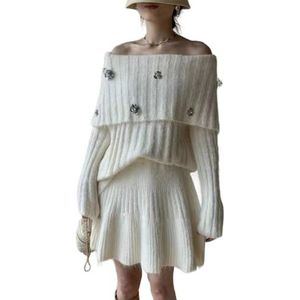 MLSHWUG Dames Retro Off-Shoulder 3D Bloemen Pailletten Trui En Rok 2-Delige Set,Wit,One Size