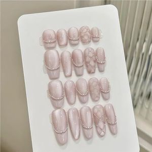 Handgemaakte Sweet Diamond Grid Decoratie Press-On Nagels Franse Glitter Roze Kattenoog Nepnagels Draagbare Herbruikbare Koreaanse Bruids Nepnagels(Yellow,M)