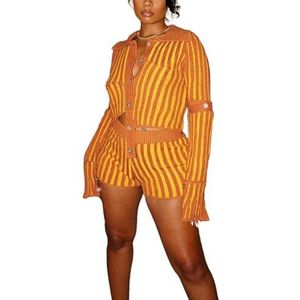 OHERUWKLS Damesmode Onregelmatige Knop Gebreide Top Met Lange Mouwen En Slim Fit Shorts Sets,Oranje,L