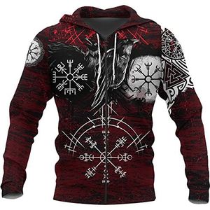 Noorse Odin's Crow Tattoo Viking Hoodie, Heren 3D Digital Compass Print Zipper Pullover Jacket, Unisex Herfst Casual Plus Size Sweatshirt Met Lange Mouwen S-5XL