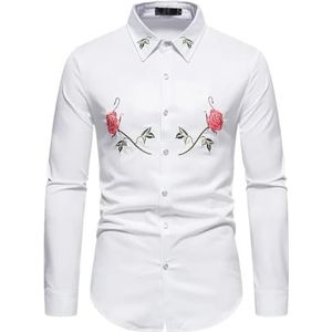 Heren Rose Geborduurd Shirt Casual Lange Mouw Lente en Herfst Revers Button Down Shirts Wit M