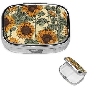 Vierkante pillendoos draagbare metalen pillenetui 2 compartimenten kleine reizen pillenorganisator romantische zonnebloemen vitamines houder organizer voor portemonnee zak