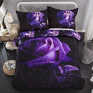 HNHDDZ Dekbedovertrek 3D Plant Purple Rose Print Beddengoed set met rits dekbedovertrek en kussensloop Slaapkamer Jongen Meisje Polyester (220x240 cm)