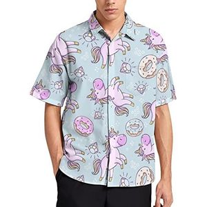 Roze Eenhoorns Donuts Regenboog Hawaiiaanse Shirt Voor Mannen Zomer Strand Casual Korte Mouw Button Down Shirts met Zak