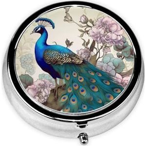 Pillendoosje met spiegel, retro pillendoosje met 3 vakken, pauwbloemen, kleine pillenorganizer voor portemonnee of zak, decoratieve metalen medicijnen, vitamine-organizer, unieke geschenken