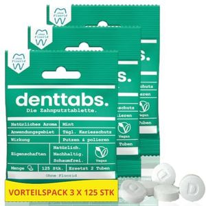 Denttabs 3 x 125 stuks zonder fluoride - 3 zakken van 125 stuks. Veganistisch fluoridevrij