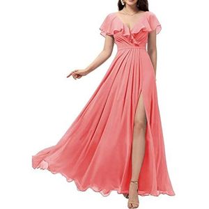 WSEYU V-hals Lange Bruidsmeisjes Jurken met Split Chiffon A Line Ruffle Prom Jurken met Zakken C087, Koraal, 44