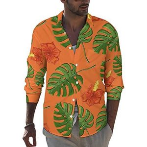 Tropische Monstera planten en bloemen heren revers shirt lange mouw button down print blouse zomer zak T-shirts tops L