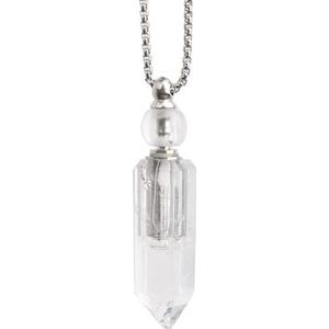 Gefacetteerde zeshoek natuurlijke edelstenen steen parfumfles hanger ketting vrouwen kristal steen roestvrijstalen sieraden (Color : White Quartz Silver)