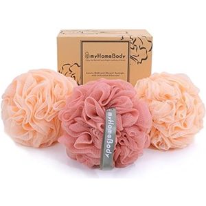 myHomeBody Luffa-spons, 70 g, lichaamsspeeling, badspons, scrubspons, douchespons met actieve kool, 2 perzikkleuren + 1 koraalrood, 3 stuks