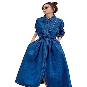 MOGSA Maxi Jurk Lente Lange Denim Jurk Vrouwen Herfst Lange Mouw Turn Down Kraag Slanke Dames Jurk Single Breasted Casual Kleding-Blauw, Xxl