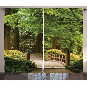 ABAKUHAUS Japans Gordijnen, Houten brug over de vijver, Woonkamer Slaapkamer Raamgordijnen 2-delige set, 280 x 225 cm, Groen bruin