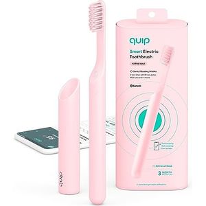 quip Slimme elektrische tandenborstel voor volwassenen - Sonische tandenborstel met Bluetooth & Rewards-app, reishoes en spiegelbevestiging, zachte haren, timer en metalen handvat - volledig roze