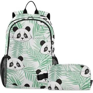 linqin Panda groene palmblad rugzak en lunchtas set voor tienermeisjes schooltas met lunchtas boekentas met lunchbox voor meisjes 10-12