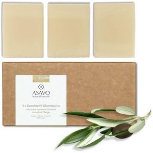 ASAVO Premium olijfoliezeep, handgemaakte biologische zeep met extra vierge olijfolie, 100% natuurlijke zeep, olijfzeep zonder toevoeging van parfum, veganistisch, 3 x 95 g