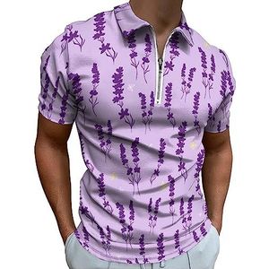 Lavendel bloemen met vlinder poloshirt voor heren, casual T-shirts met ritssluiting en kraag, golftops, slim fit